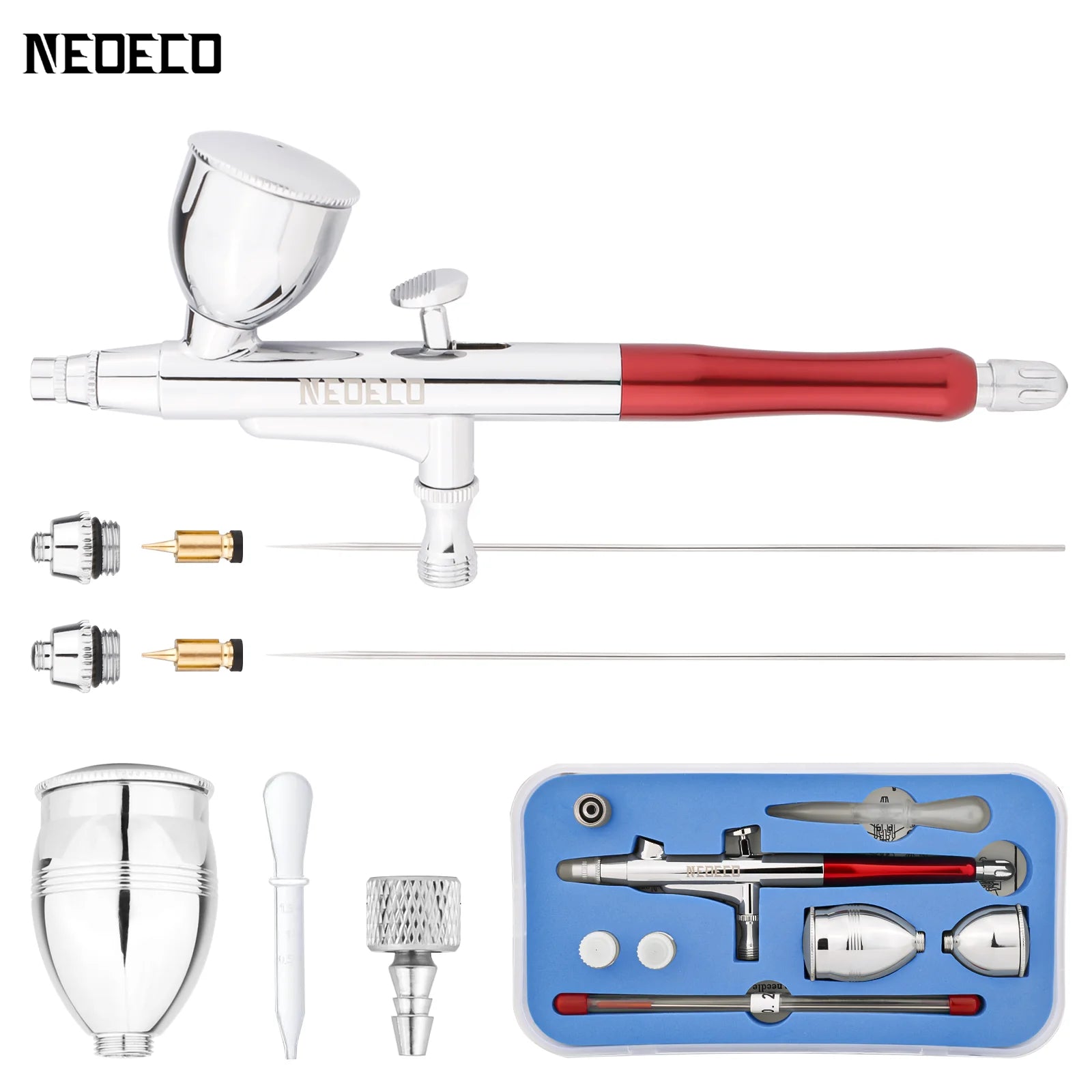 Dual-Action Airbrush With Auto-Centering Nozzle, 7cc 13cc Cups, 0.2/0.3/0.5mm needle for Modeling Makeup Nail Art Painting Tool