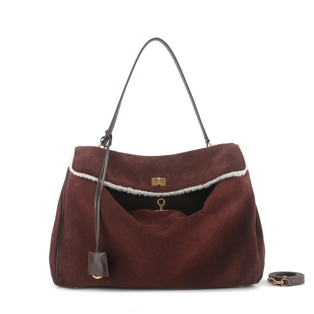 Winter Luxury Brand Women Bags Genuine Leather Brown Suede Women Totes Gold Buckle Women Shoulder Bags Fashion Women Handbags