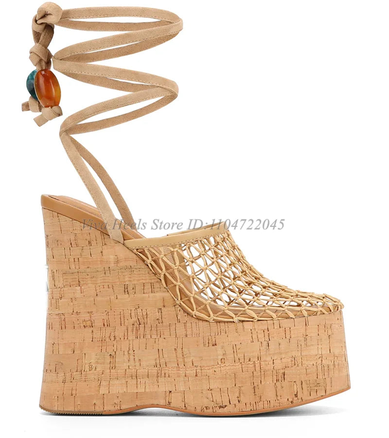 Mesh Caged Platform Wedges Sandals Nude/Black Lace up Super High Heels 2025 Summer New in Women‘s Luxury Designer Party Shoes