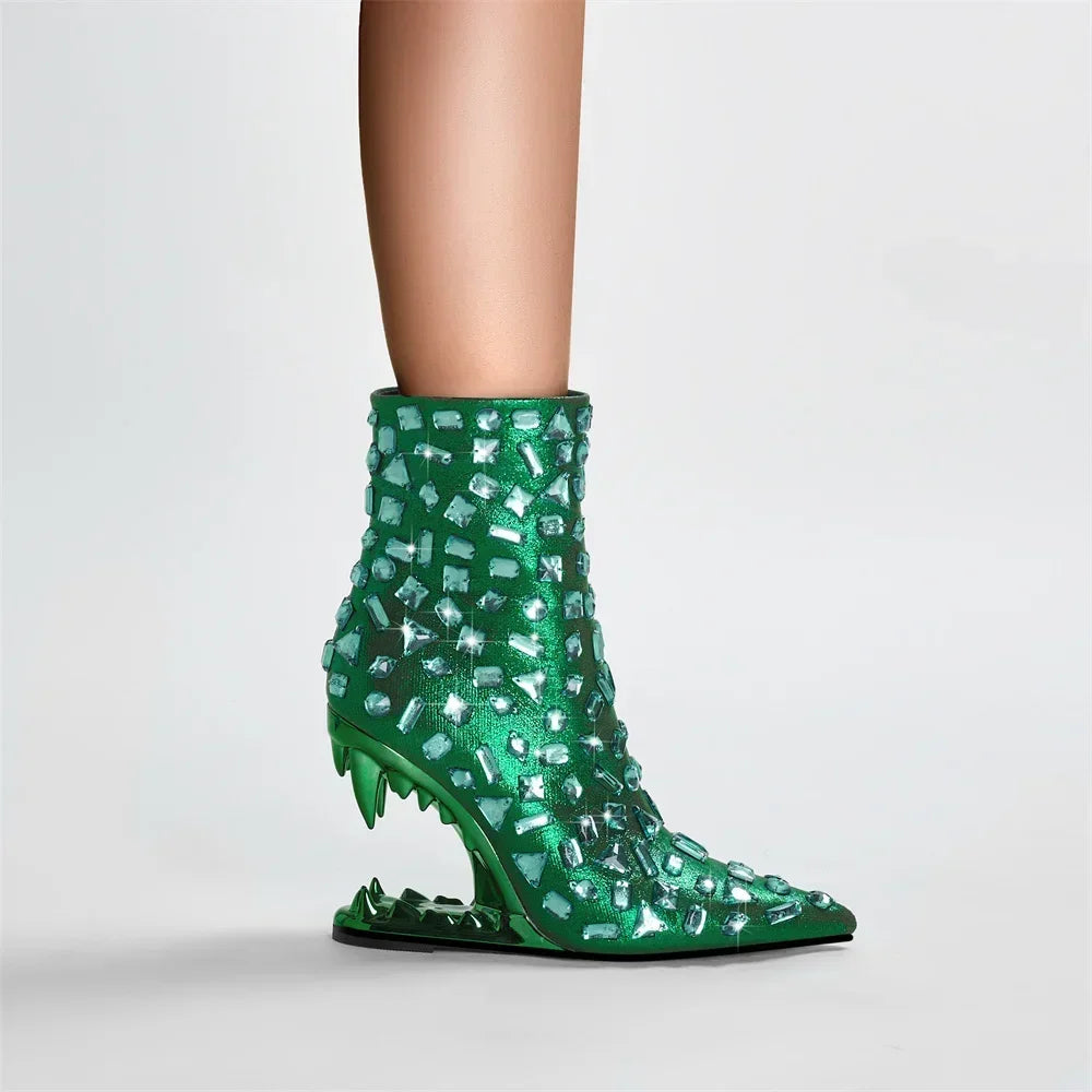 High Quality European and American Designer Runway Shoes 2023 Sexy Shaped High Heels, Fashionable Flame Rhinestone Short Boots