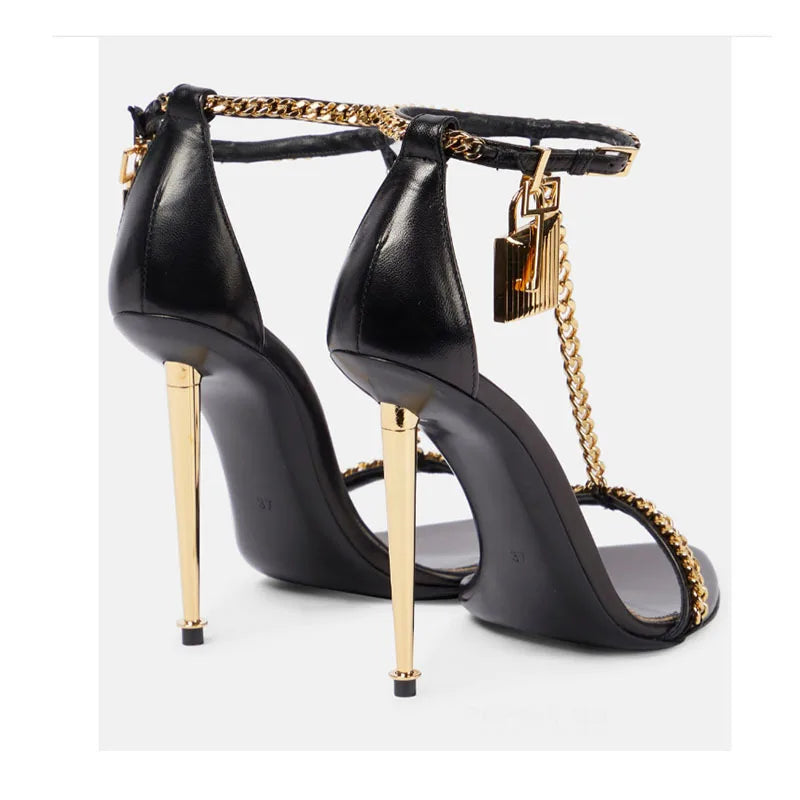 Fashion Minimalist Gold Chain Padlock High-heel Sandals European American Sexy Slim Heel Open Toe Metal Chain Pointed High Heels