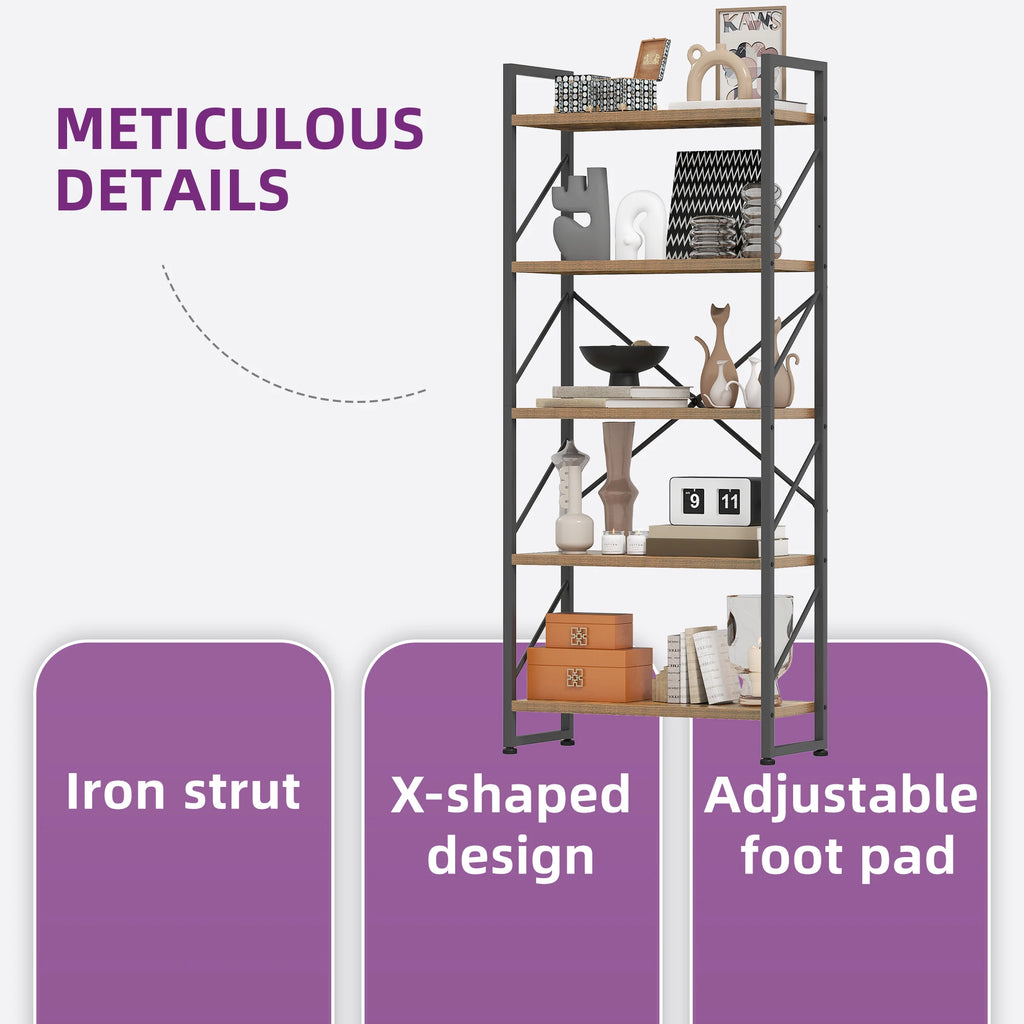 YITAHOME Rustic Brown 5-Tier Bookcase - Industrial Metal Shelf for Living Room Bedroom Office