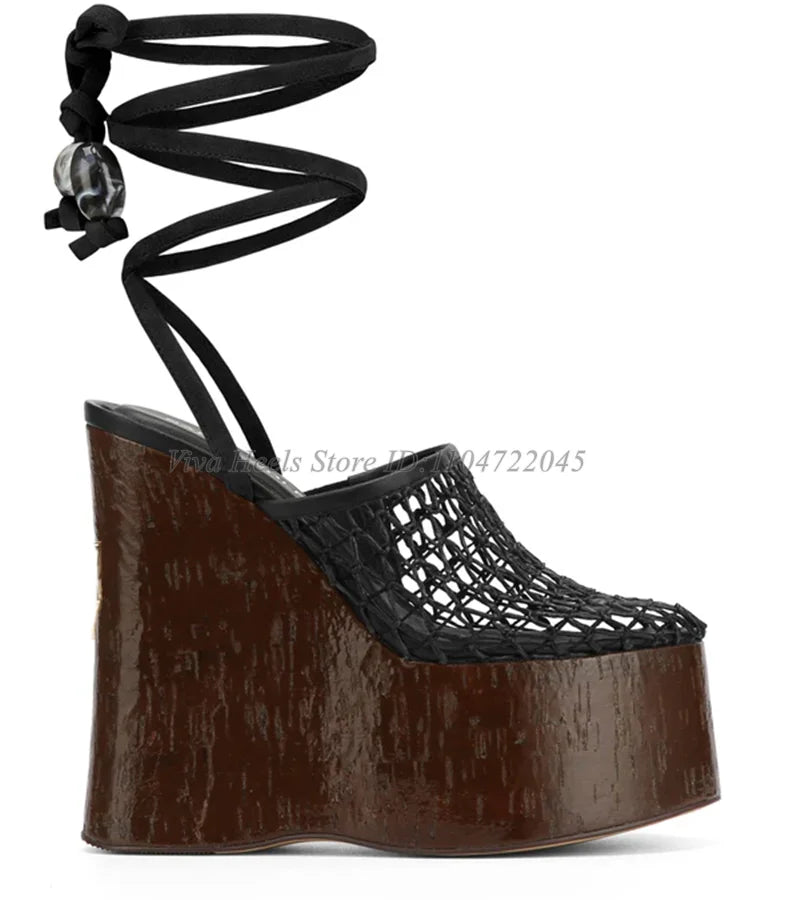 Mesh Caged Platform Wedges Sandals Nude/Black Lace up Super High Heels 2025 Summer New in Women‘s Luxury Designer Party Shoes