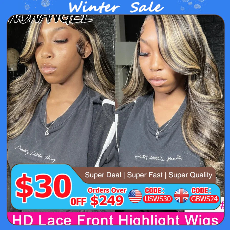 Wow Angel 1BJ27# Highlight Body Wave 13X6 HD Lace Front Wigs Pre Plucked Skinlike 13x4 HD Lace frontal human hair wig For Woman