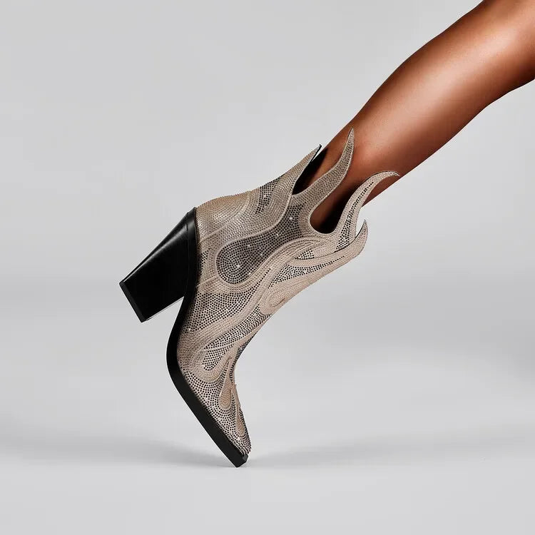 High Quality European and American Designer Runway Shoes 2023 Sexy Shaped High Heels, Fashionable Flame Rhinestone Short Boots