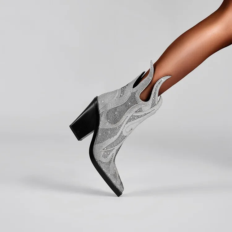 High Quality European and American Designer Runway Shoes 2023 Sexy Shaped High Heels, Fashionable Flame Rhinestone Short Boots