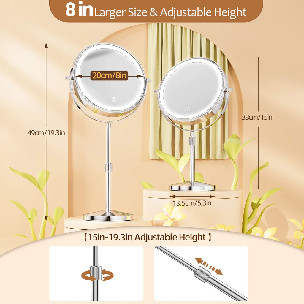 8 Inch Makeup Mirror With Light Lamp 10X Magnification 3 Color Lights,Adjustable Brightness Height Standing Cosmetic Mirror
