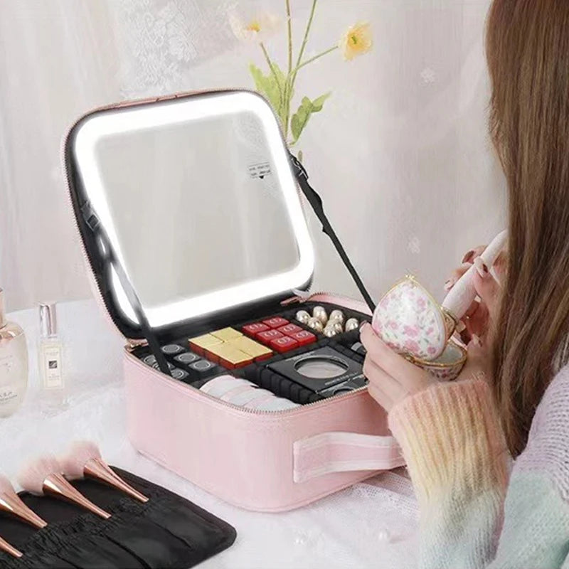 New LED Lighted Cosmetic Case with Mirror PU Leather Portable Travel Makeup Storage Bags