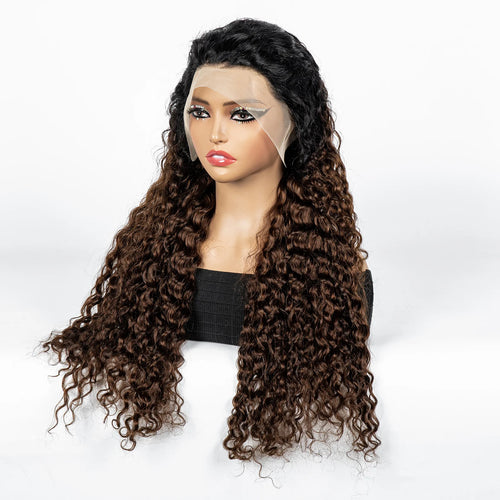 300% Density Ombre 30 Inches Water Wave Wavy Curly Human Hair Wigs 13x4 Transparent Lace Frontal Human Hair Wig for Women