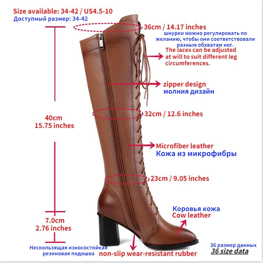 Women Knee High Boots 2026 Luxury Cow Genuine Leather Brown Black High Heels Long Boot Designer Female Winter Shoes Big Size 42