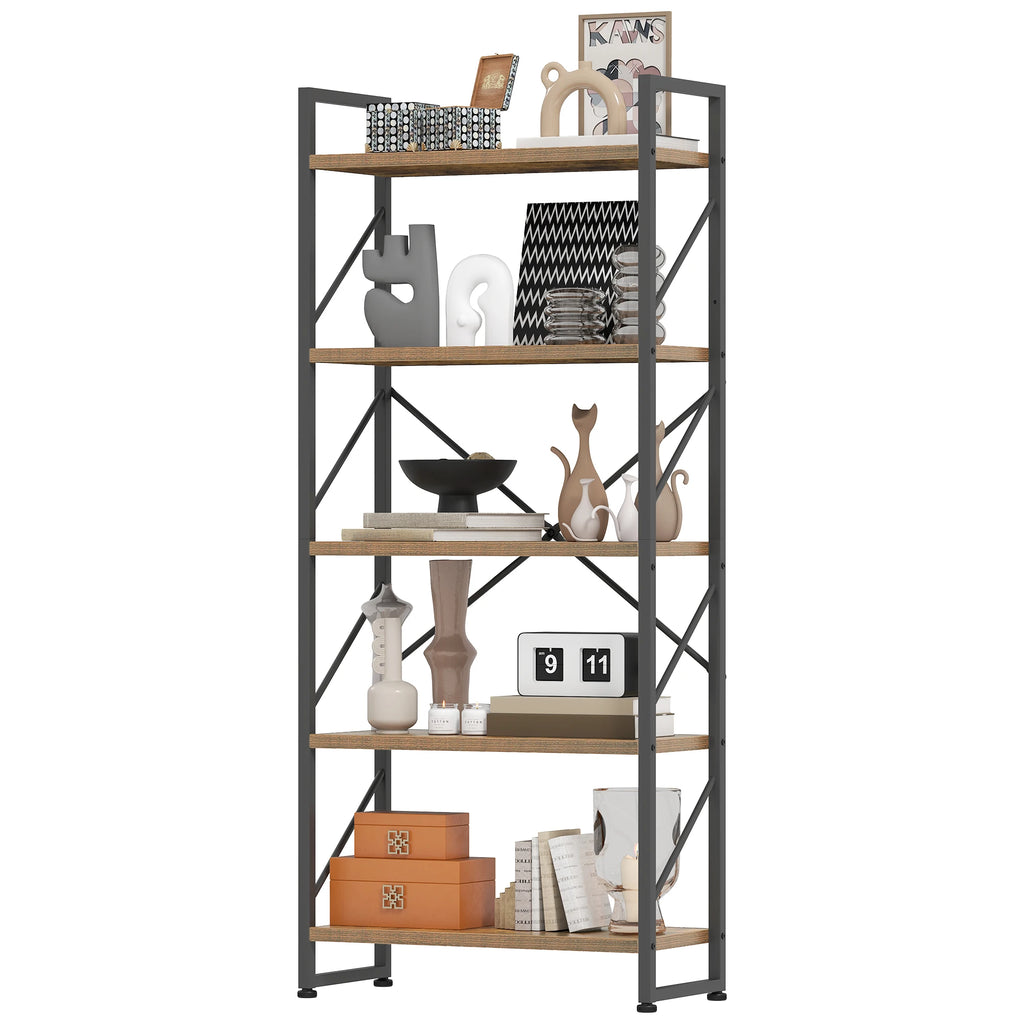 YITAHOME Rustic Brown 5-Tier Bookcase - Industrial Metal Shelf for Living Room Bedroom Office