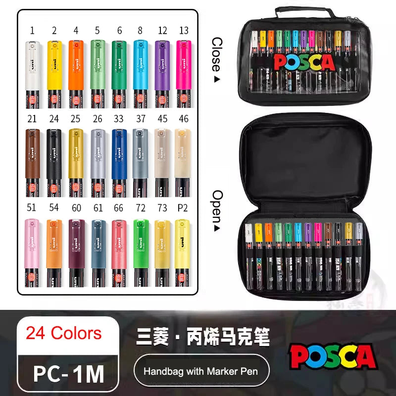 POSCA Acrylic Markers Organized in Bags, 0.7-2.5mm School Coloring Pens, Handy Original Japanese Professional Art Paint Supplies