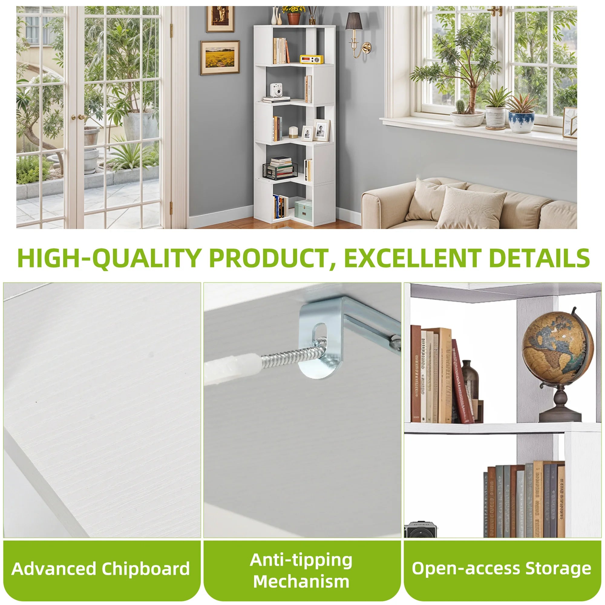 YITAHOME Wooden 5-Tier Corner Bookcase - Floor Standing Display Shelf 54x40x159.5cm for Living Room/Office