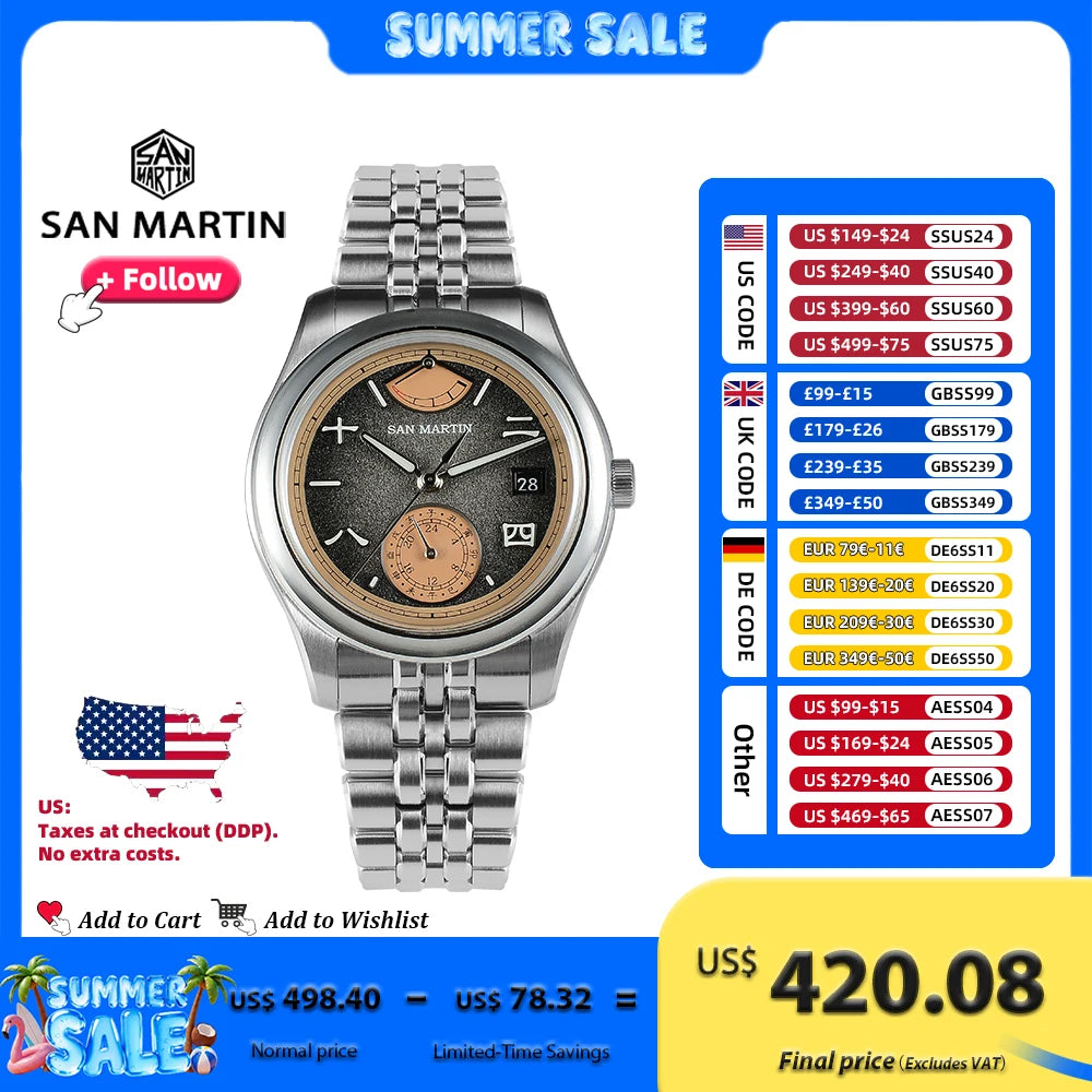 San Martin New 39mm Men Watch Miyota 9132 Power Reserve Display Original Design Mechanical Watches Waterproof Luminous SN0144