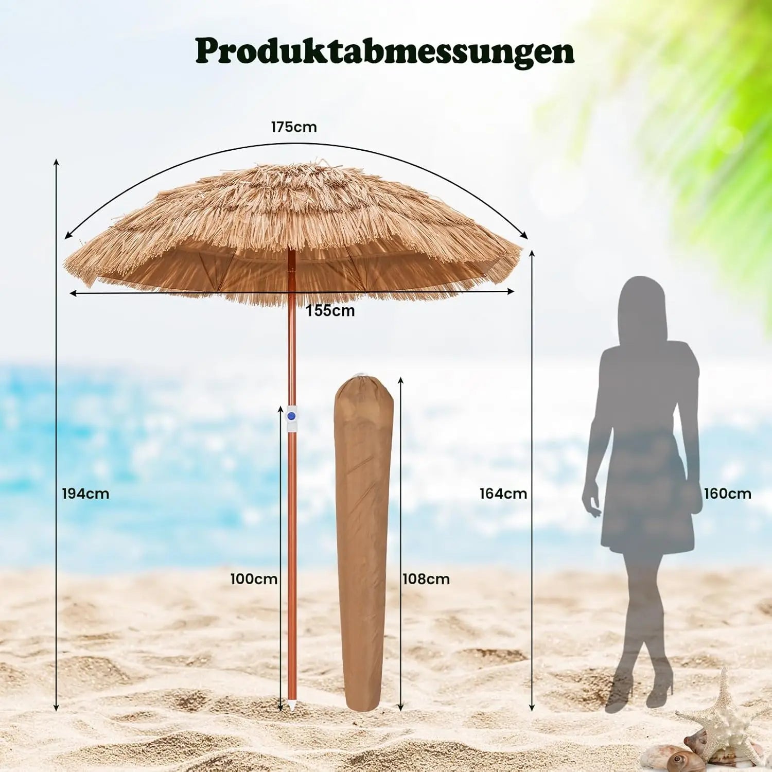Hawaii Beach Umbrella, Height Adjustable ,UV Protection Straw Umbrella, Market Umbrella ,Patio Umbrella with Carry Bag