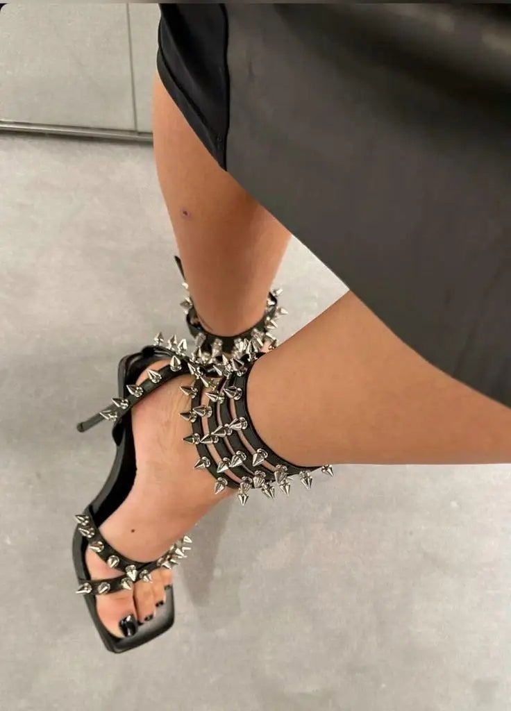 Square Toe Studded Sexy Blalck Leather Sandals Women's Rivets Ankle Strap High Heels Luxury Designer Party Hot Chic Shoes