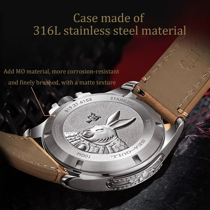 Seagull 43MM Men's Watch Automatic Mechanical Watches Luxury Top Brand Unique Rabbit Print Sapphire 100M Waterproof Clock 6153