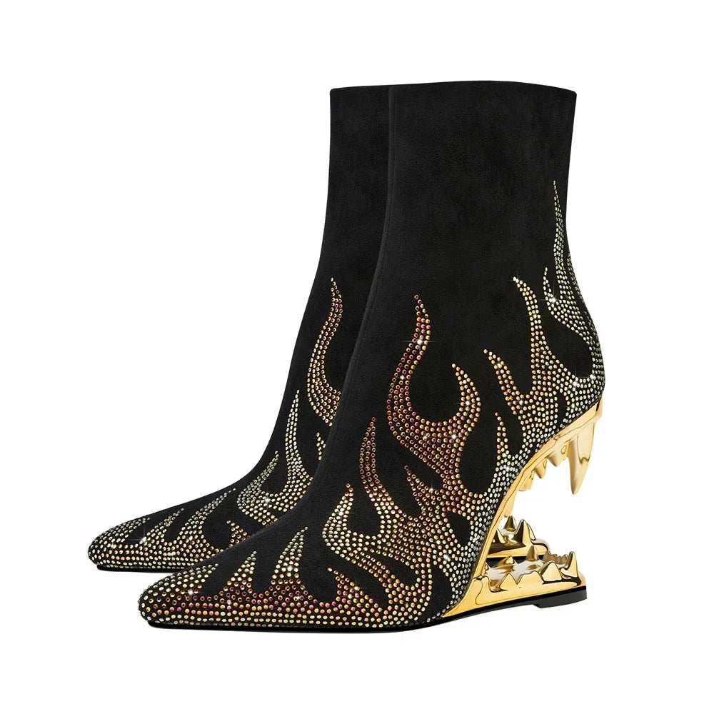 High Quality European and American Designer Runway Shoes 2023 Sexy Shaped High Heels, Fashionable Flame Rhinestone Short Boots