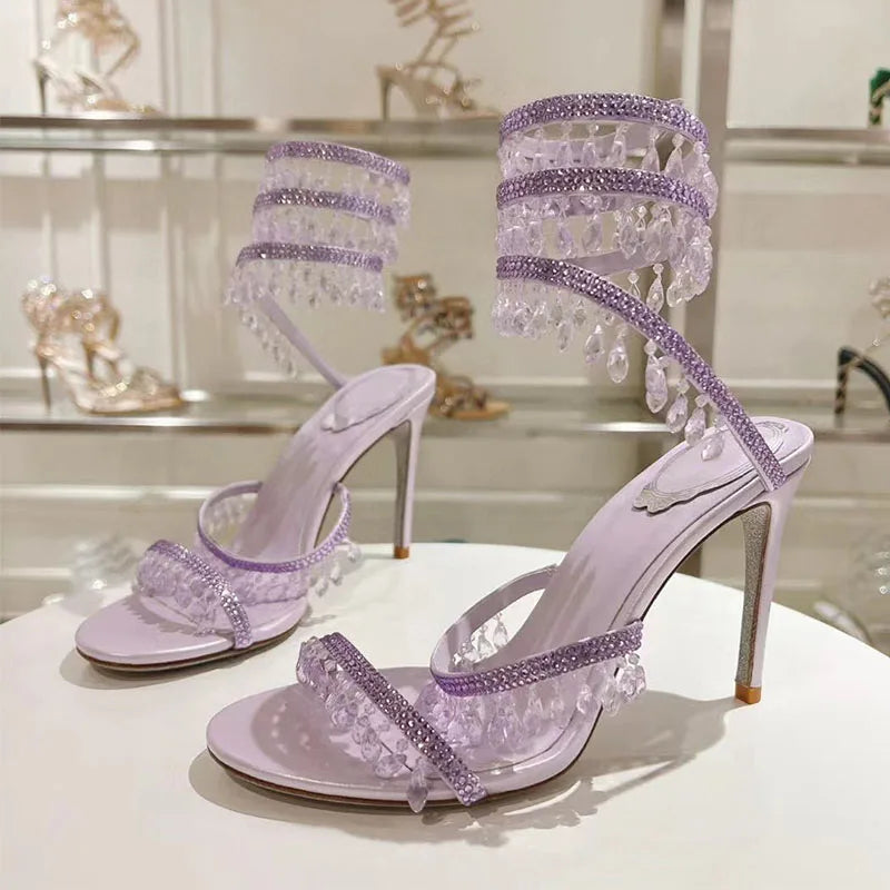 Sexy High Heels Gladiator Sandals Women Crystal String Bead Snake Twine Around Ankle Strap Wedding Shoes Summer Sandals Woman