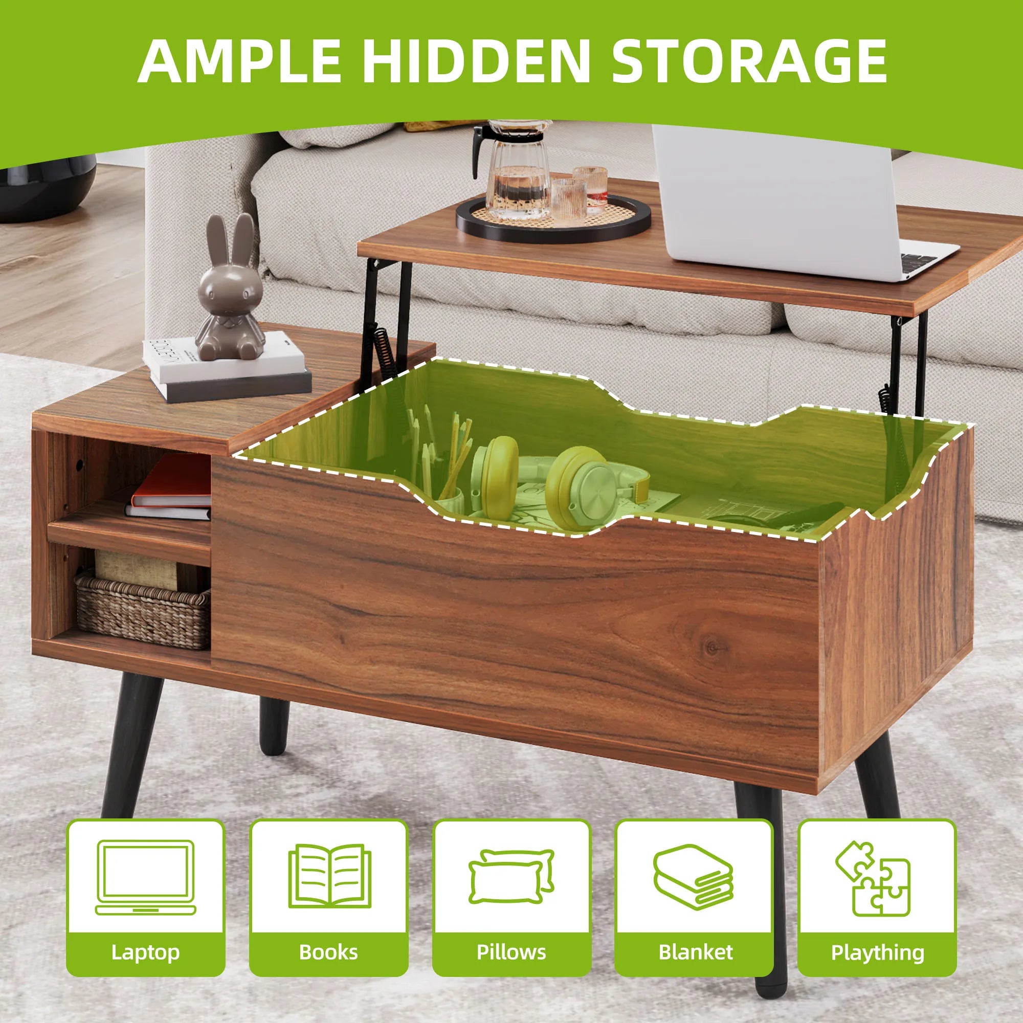 YITAHOME Rustic Oak Lift-Top Coffee Table - Adjustable Shelf & Hidden Storage, Spring Lifter, 80x40x61.5cm for Living Room