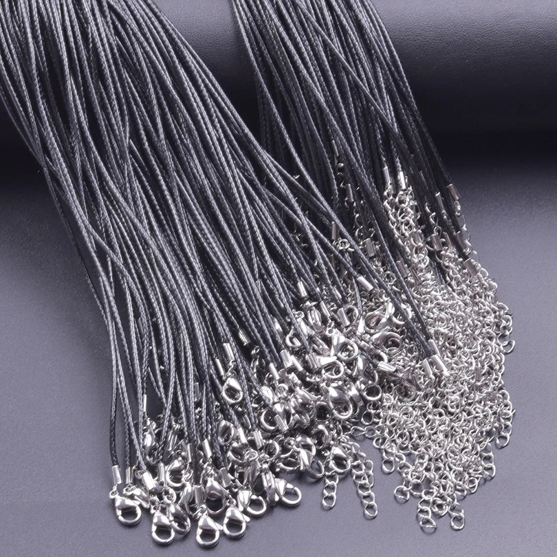50/55/60cm Black Leather Rope Chain Necklace 10/20/30pcs/Lot Alloy Extended Chains Wax DIY Necklaces For Women Men Lobster Clasp