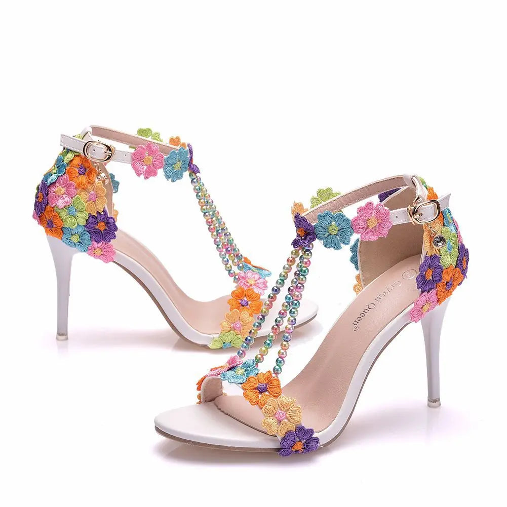 Comemore Crystal Queen Women Sandals Flowers Pearl Stilettos Bridal 9cm Evening Party High Heels Bridal Pumps Wedding Shoes 2023