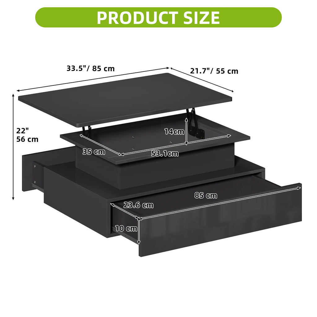YITAHOME Lift-Top Coffee Table - Rectangular Modern Design with 16-Color LED Lighting & 2 Drawers, Elevated Lighted Surface