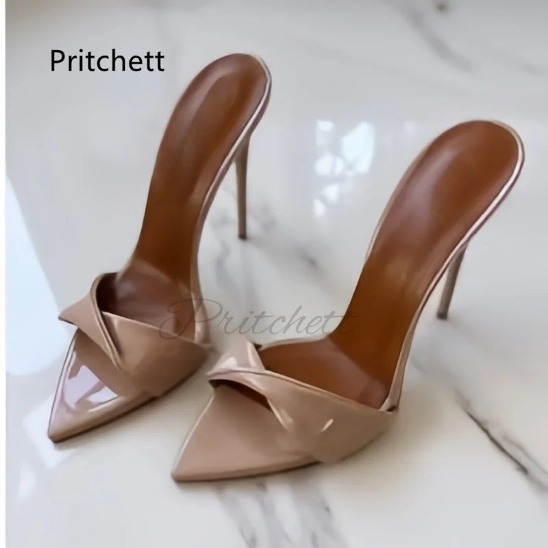 Twist Strap Stiletto Women's Slippers Sexy High Heels Open Pointed Toe Summer Leather Mules Ladies Stylish Outside Party Shoes