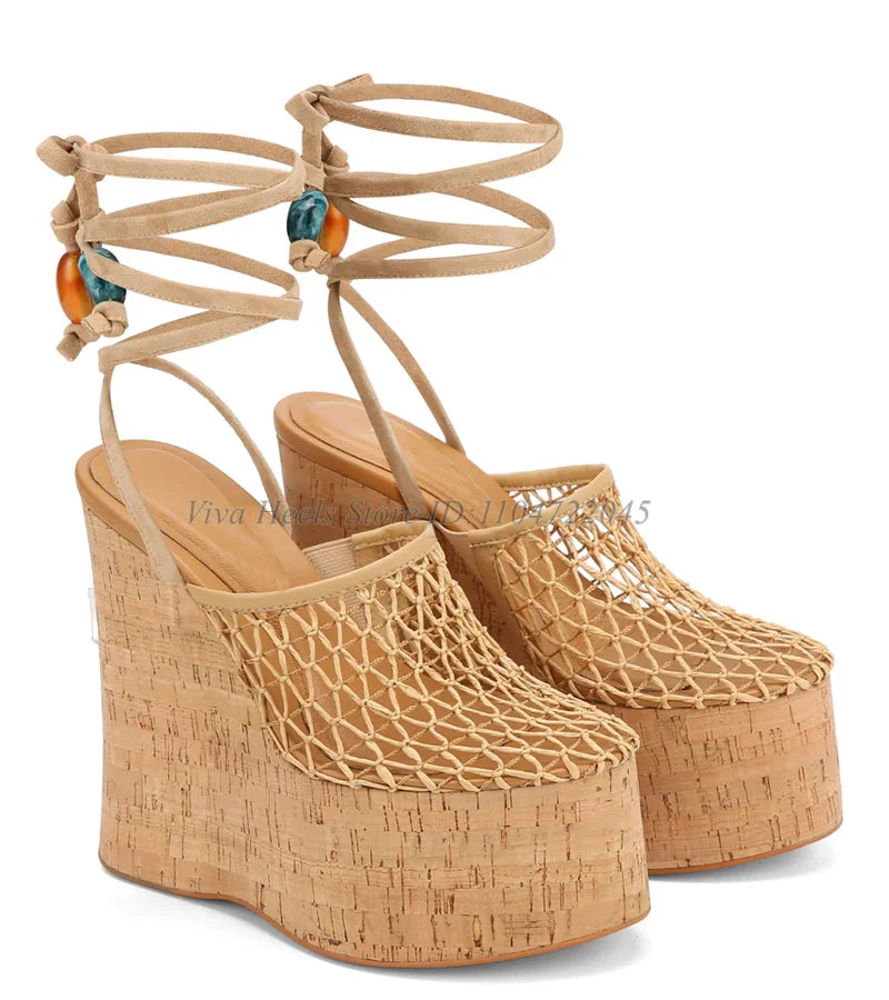 Mesh Caged Platform Wedges Sandals Nude/Black Lace up Super High Heels 2025 Summer New in Women‘s Luxury Designer Party Shoes
