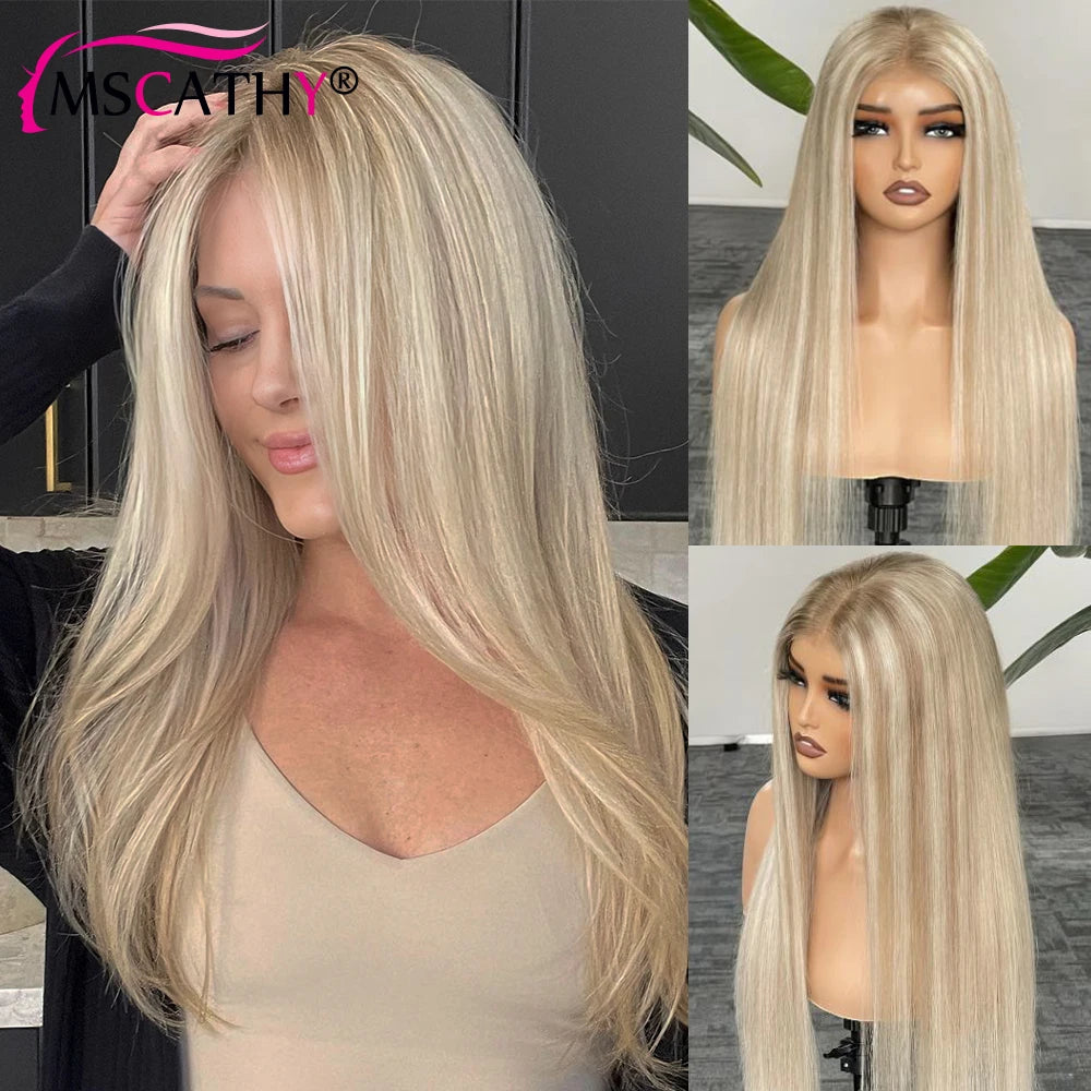 250% Beige Highlight Remy Human Hair Wigs For Women 13x4 Glueless UHD Transparent Lace Frontal Wig Straight Hair Wig Preplucked