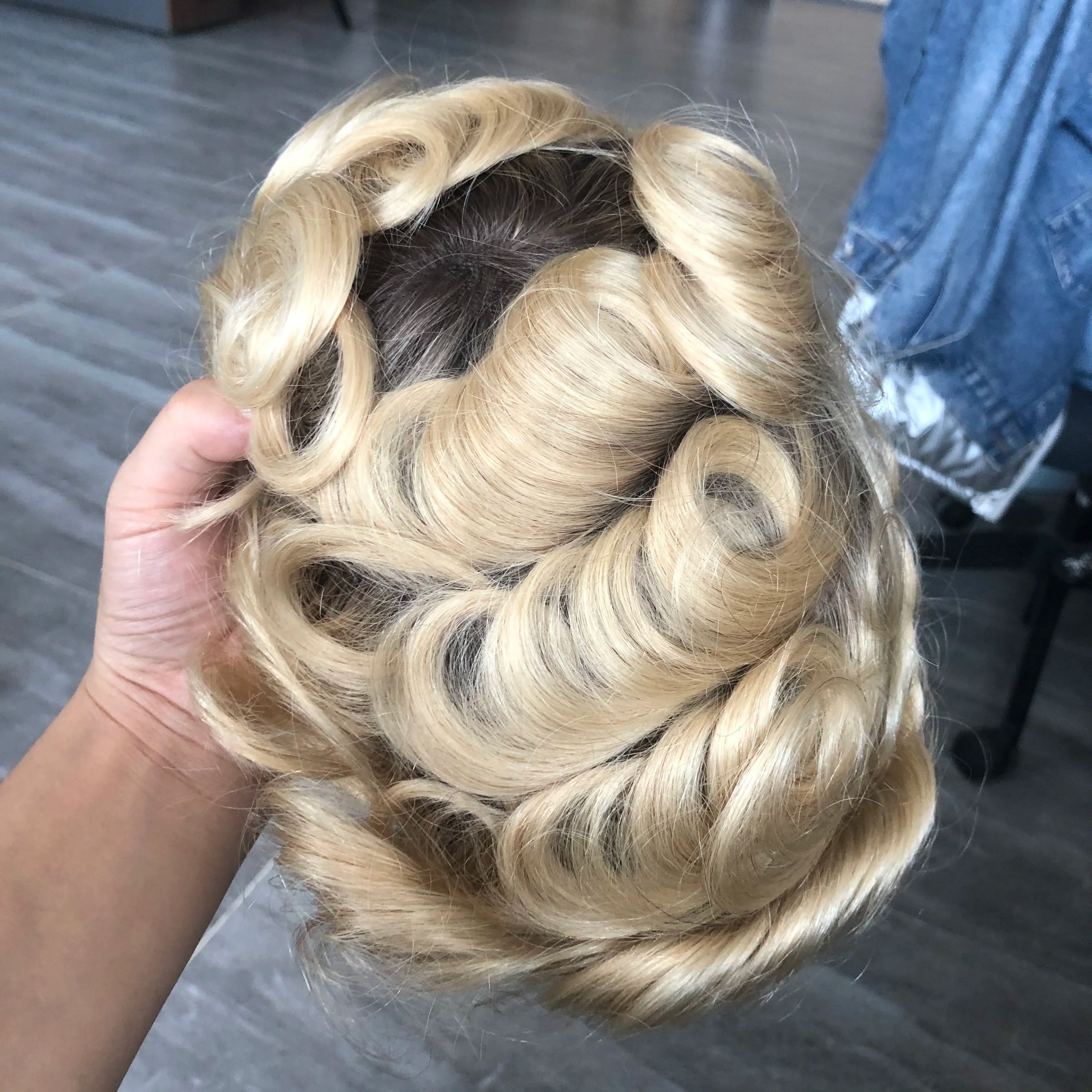 European Male Human Hair Brown Blonde Ombre Thin Skin Hair Toupee Vloop 0.06-0.08mm Durable Thin Skin Natural Hairline Men Wig