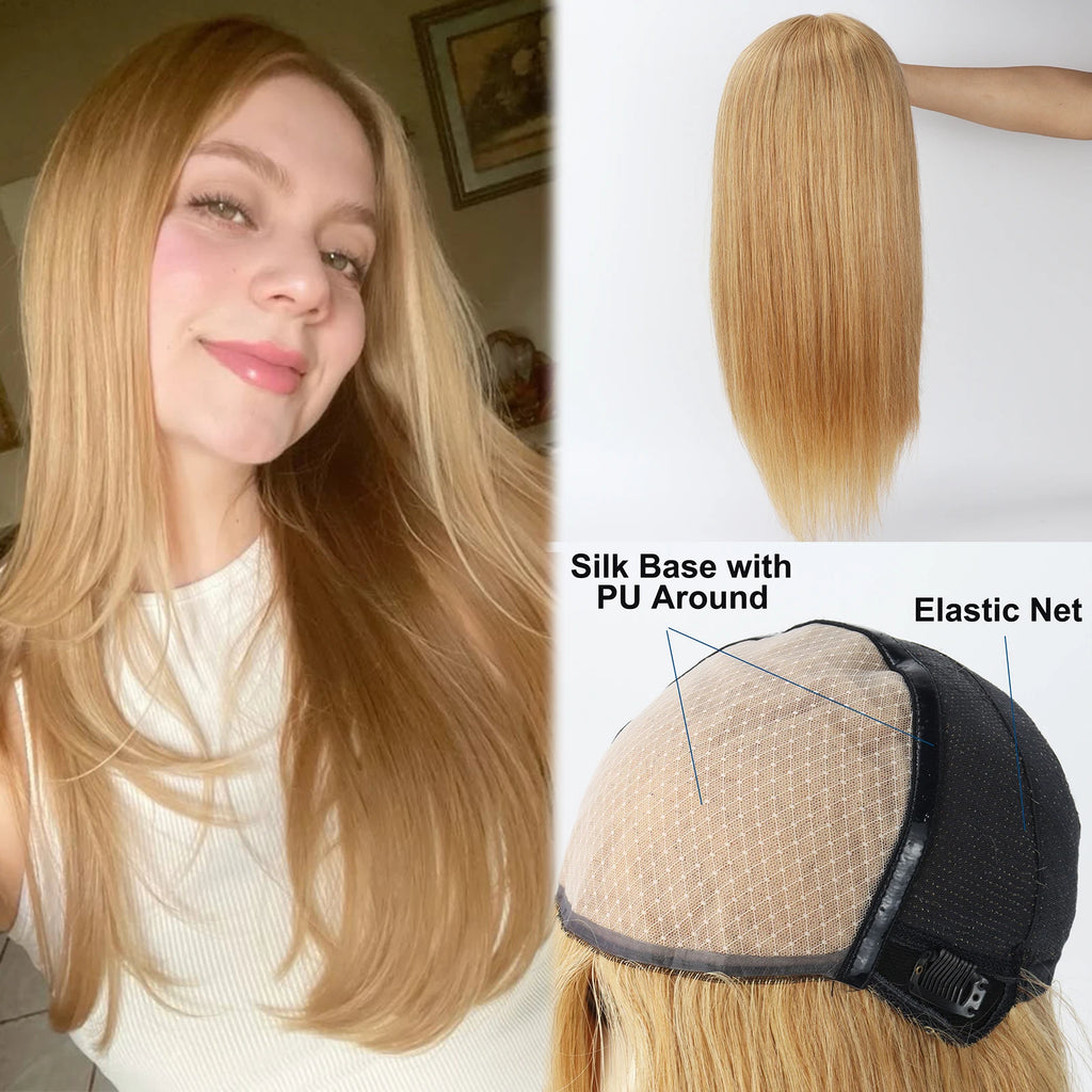 Silk Top Wig with PU Around #27 Honey Blonde Hair Real Remy Human Hair Wig for Women 6x6 Silk Base Wig With Clips in Elastic Net
