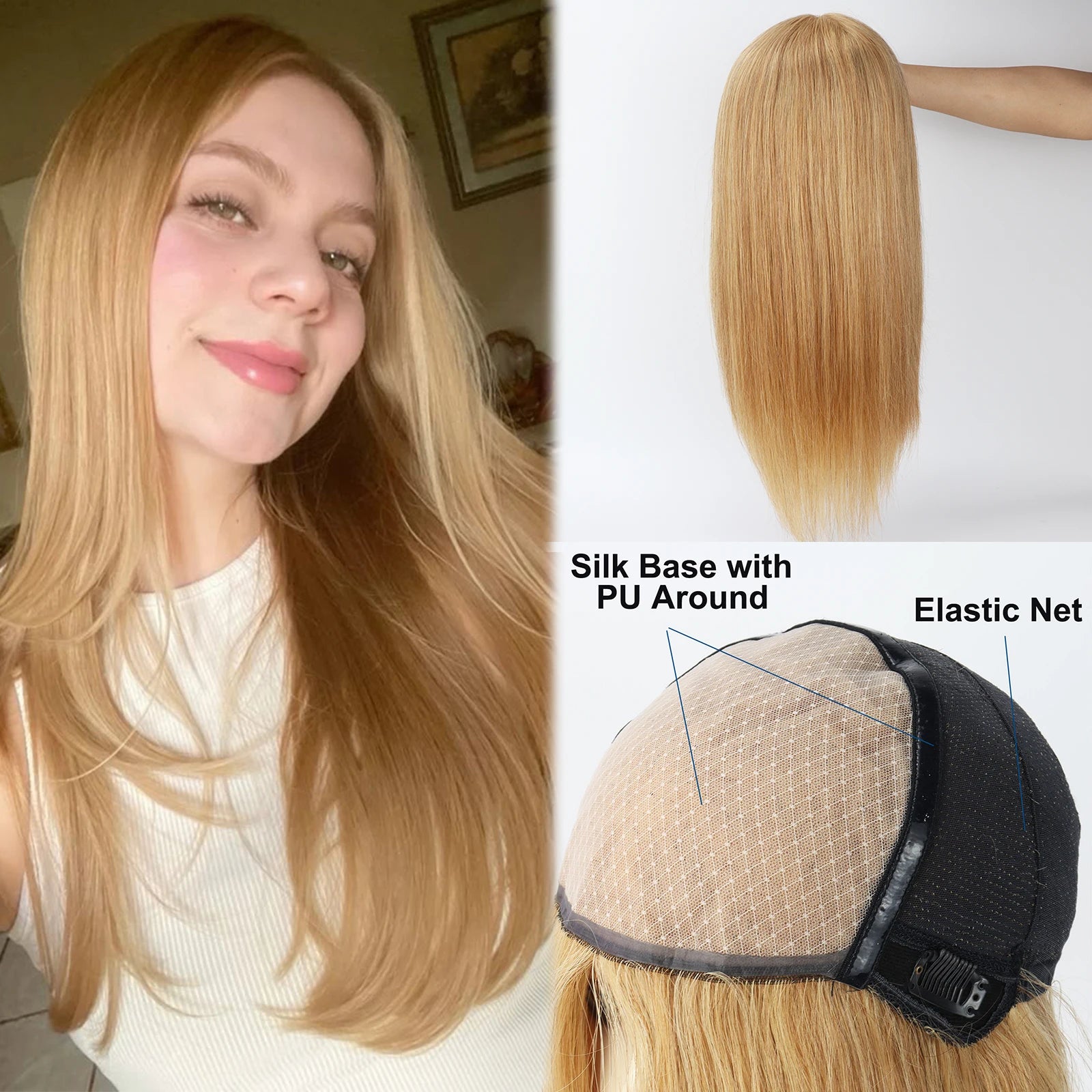 Silk Top Wig with PU Around #27 Honey Blonde Hair Real Remy Human Hair Wig for Women 6x6 Silk Base Wig With Clips in Elastic Net
