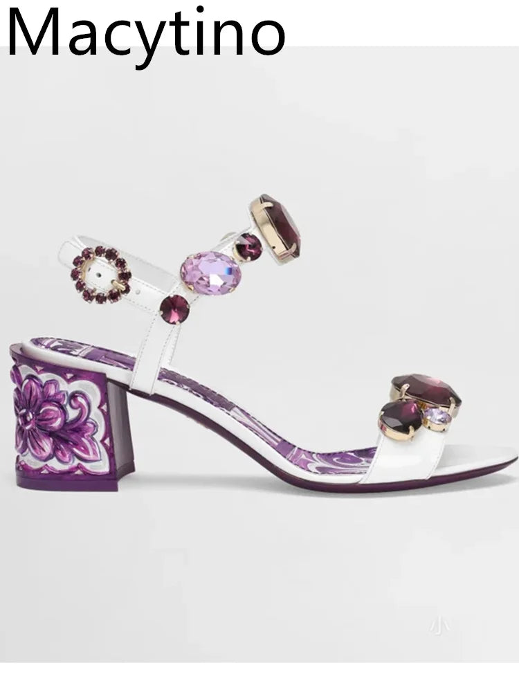 Summer New Bohemia Rhinestone Thick Heel Sandals Fashion Open Toe Print Gemstone Buckle Strap Dress High Heels Ladies 6cm/10cm