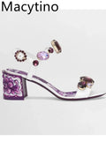 Summer New Bohemia Rhinestone Thick Heel Sandals Fashion Open Toe Print Gemstone Buckle Strap Dress High Heels Ladies 6cm/10cm