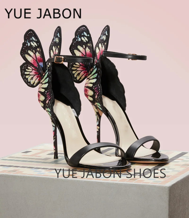 Black butterfly sandals leather metallic embroidered angel wings dress woman high heels open toe buckle strap lady thin pumps