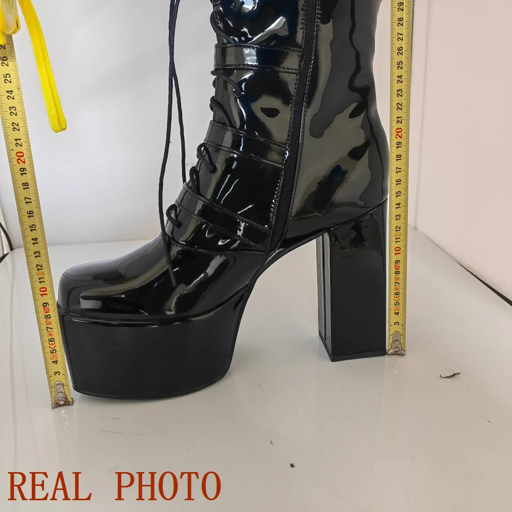 SIMLOVEYO Women Boots Toe Chunky High Heels 14cm Platform Hill 7.5cm Lace Up Belt Buckles Big Size 46 47 48