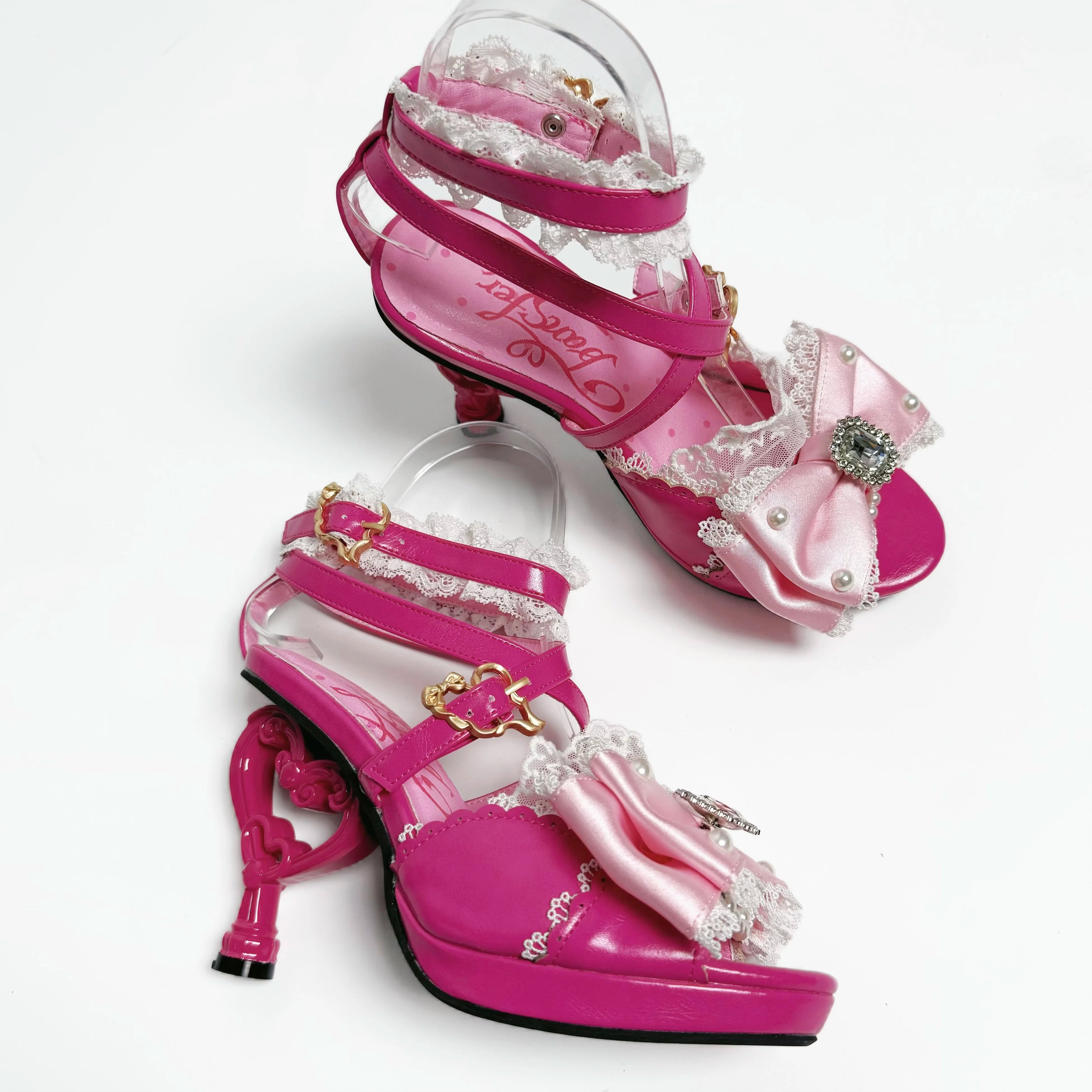 Original Lo Fish Mouth Sandals New Summer Girls Women's Rhinestone Satin Bow High Heel Sandals Sweet Lace Bow Lolita High Heels