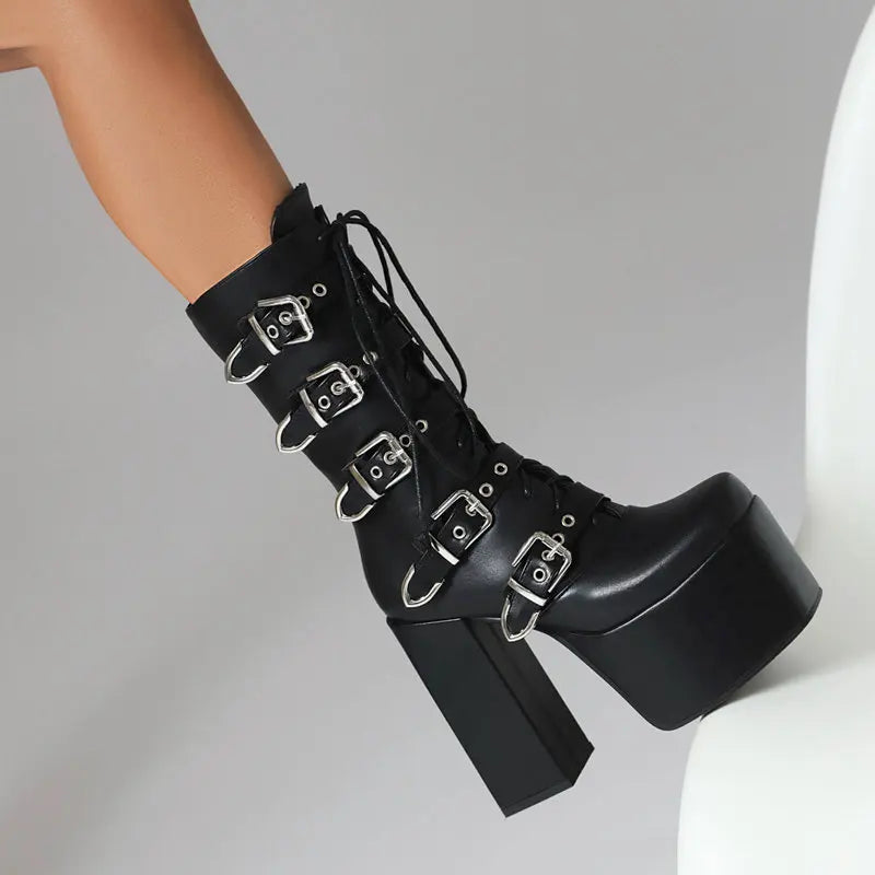 SIMLOVEYO Women Boots Toe Chunky High Heels 14cm Platform Hill 7.5cm Lace Up Belt Buckles Big Size 46 47 48