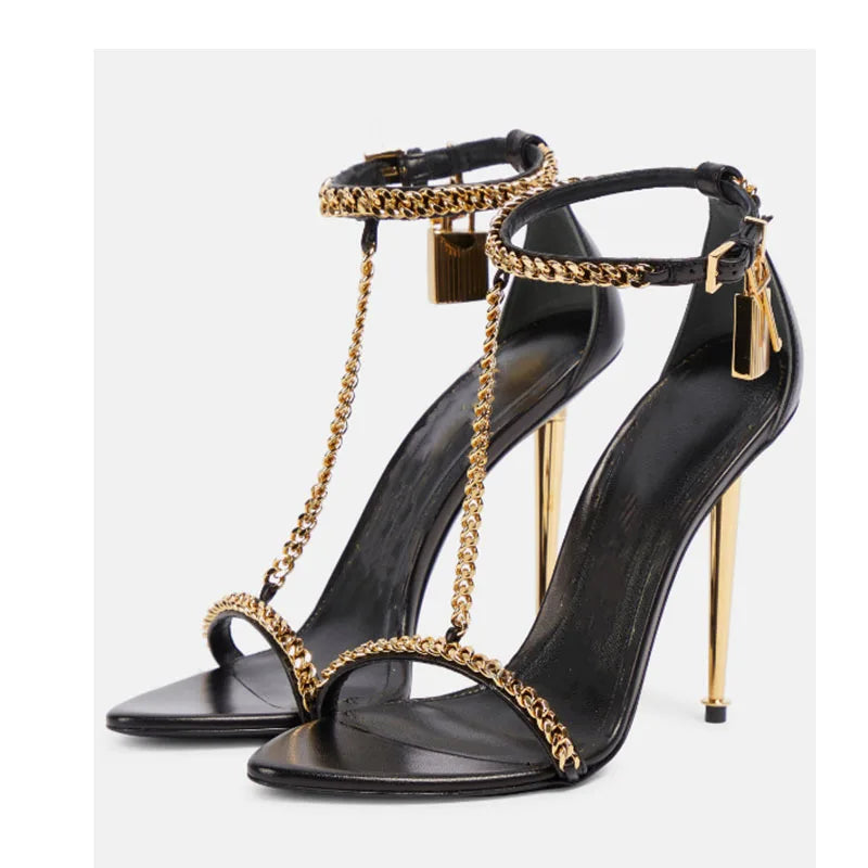Fashion Minimalist Gold Chain Padlock High-heel Sandals European American Sexy Slim Heel Open Toe Metal Chain Pointed High Heels