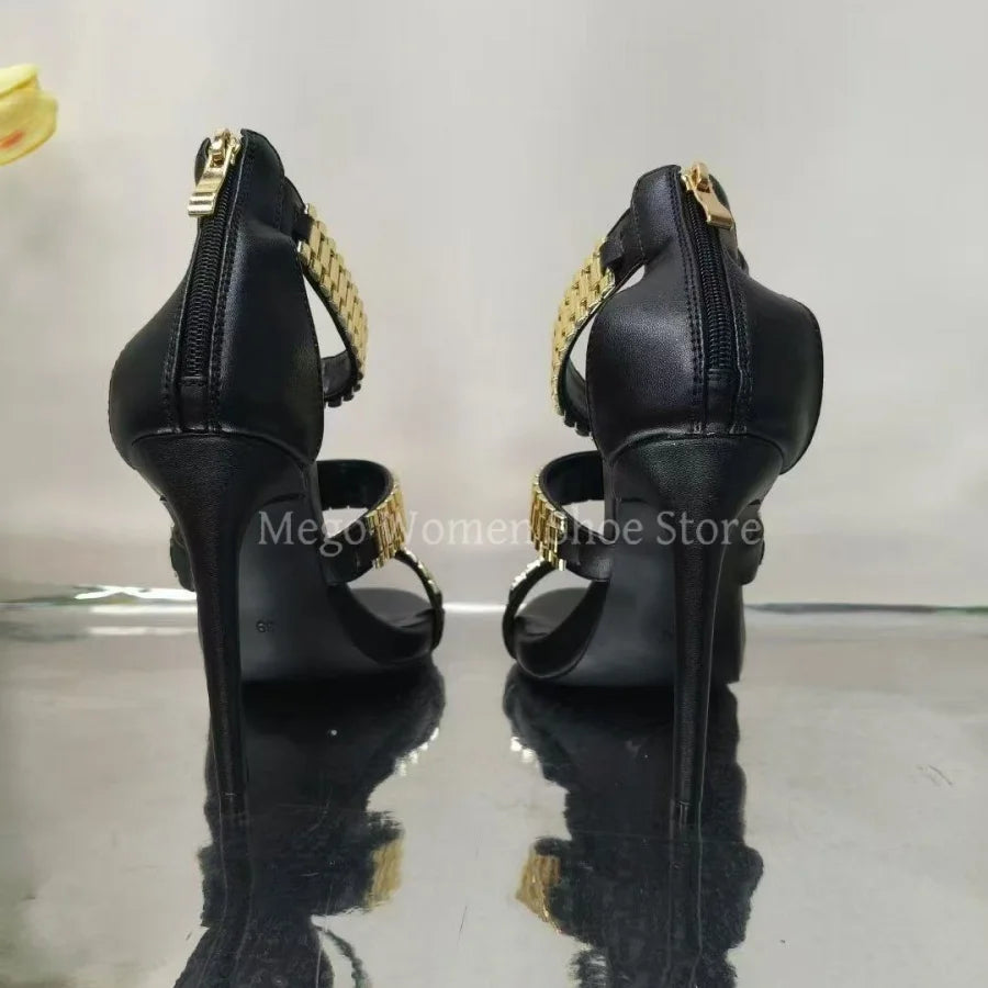 2025 New Metal Watch Strap Decorative Sandals Golden Open Toed Stiletto High Heels Women's Shoes Fashion Sandals Large Size 43
