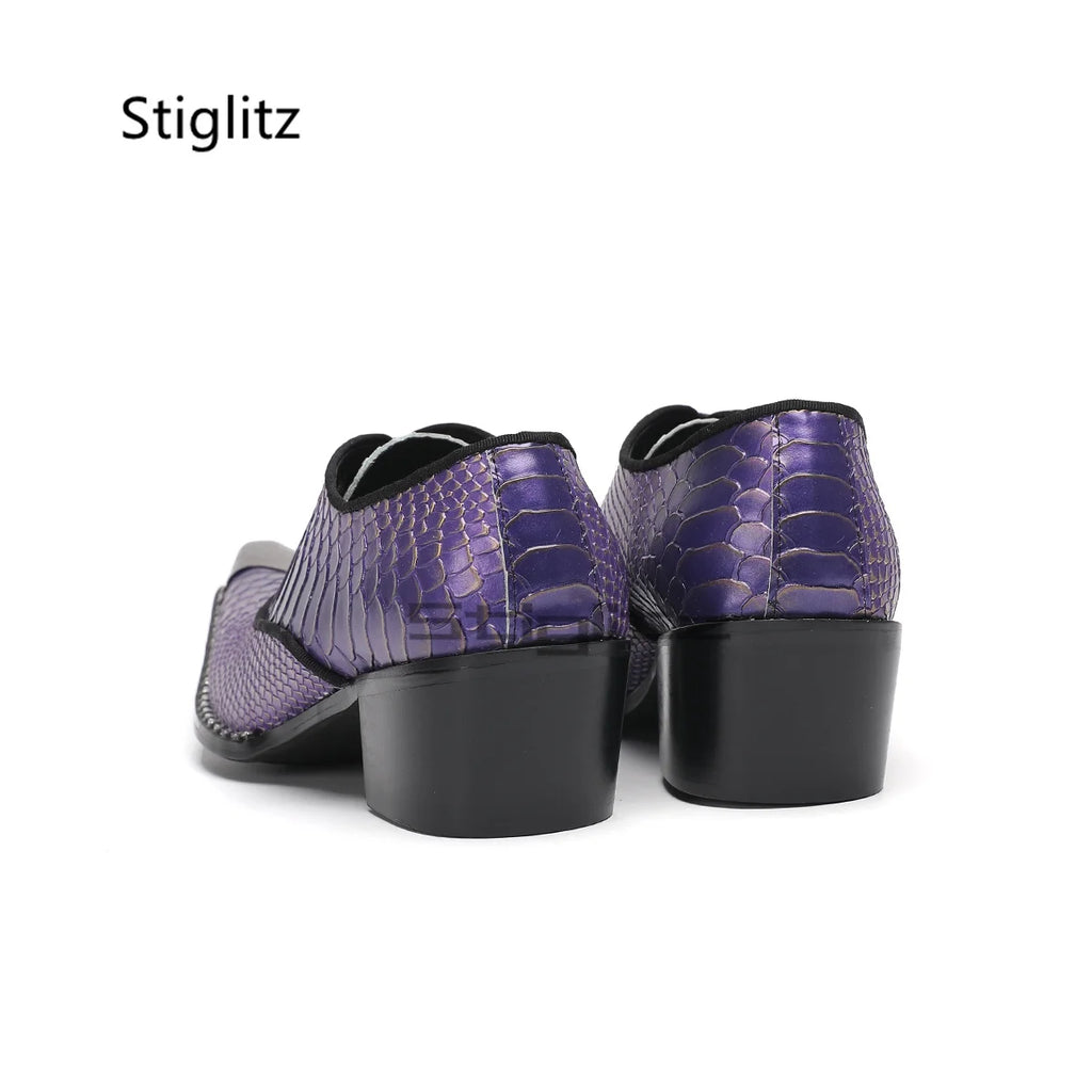 Purple Snake Grain Genuine Leather Shoes for Men Iron Pointed Toe Business Dress Shoes High Heels Luxury Lace Up Party Shoes