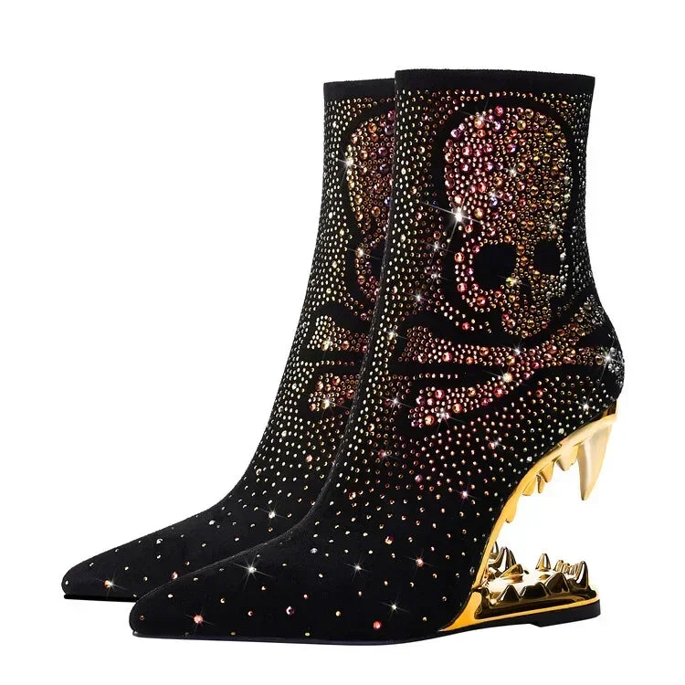 High Quality European and American Designer Runway Shoes 2023 Sexy Shaped High Heels, Fashionable Flame Rhinestone Short Boots
