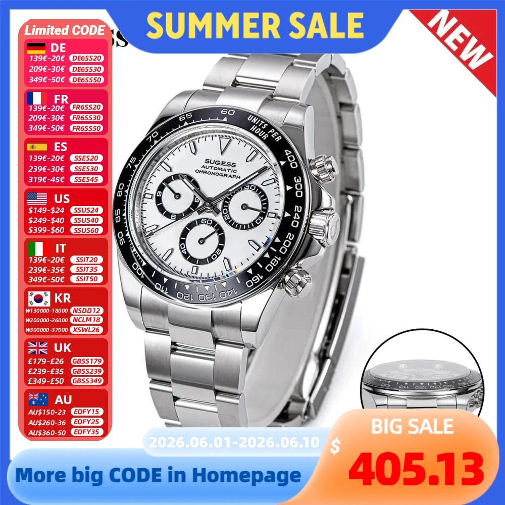 Sugess Panda Chronograph Movement Automatic Mechanical Chronograph Wristwatch Waterproof Diving Men Watches Ceramic Bezel Tona