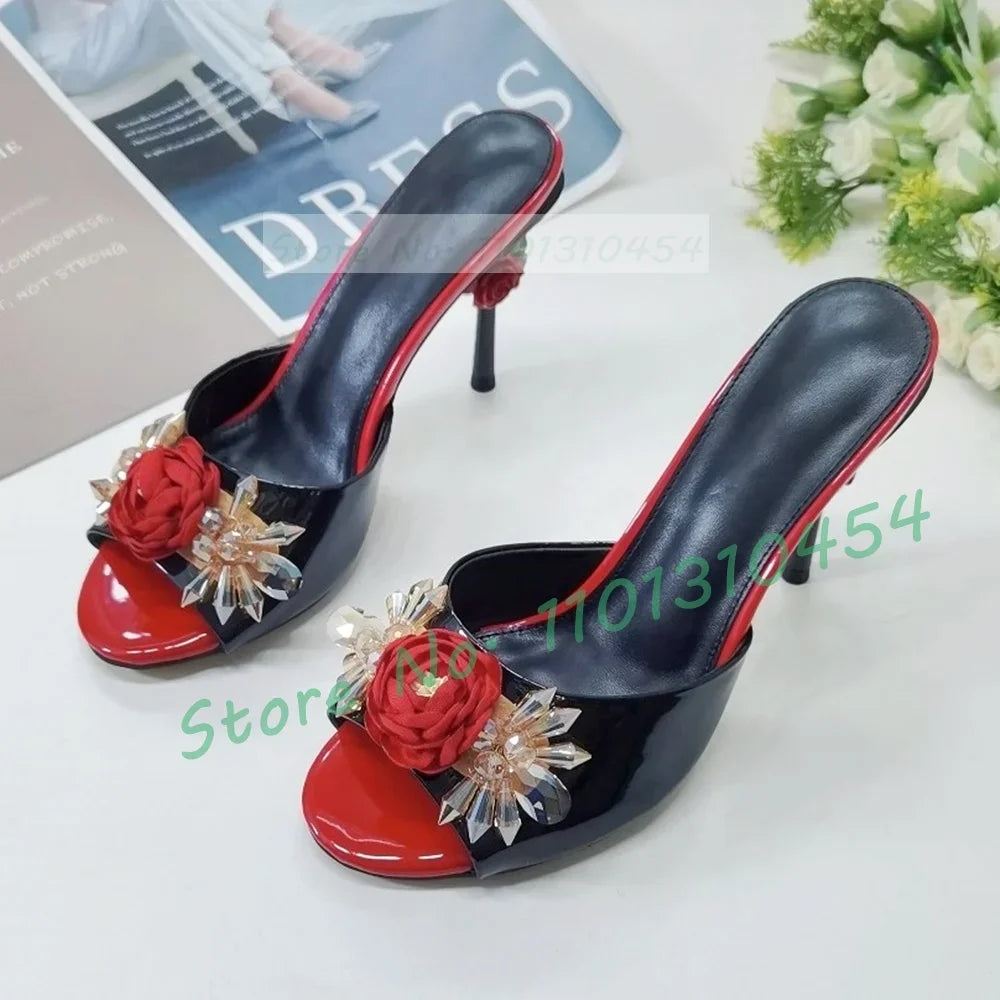 Retro Flower High Heels slippers Women Luxury Crystal Patent Leather Shoes Summer Ladies Gorgeous Open Toe Appliques Slippers
