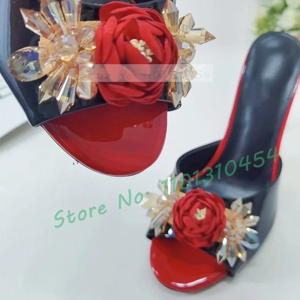 Retro Flower High Heels slippers Women Luxury Crystal Patent Leather Shoes Summer Ladies Gorgeous Open Toe Appliques Slippers