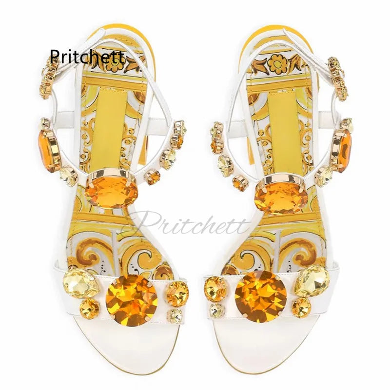 Bohemian Yellow Prints Chunky Heels Women's Sandals Rhinestone Jewels High Heels Summer Open Toe Vacation Beach Shoes 6/10Cm
