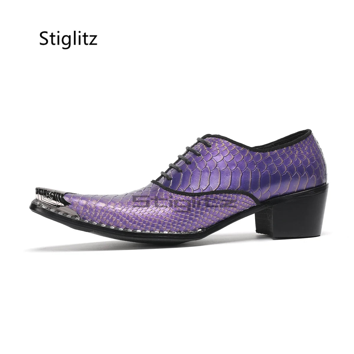 Purple Snake Grain Genuine Leather Shoes for Men Iron Pointed Toe Business Dress Shoes High Heels Luxury Lace Up Party Shoes