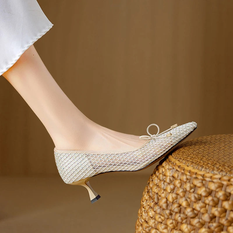 NEW Spring/Autumn Women Pumps Pointed Toe Thin Heel Shoes Sweet Mesh Shoes for Women Elegant Bow-knot Shallow Slip-on High Heels