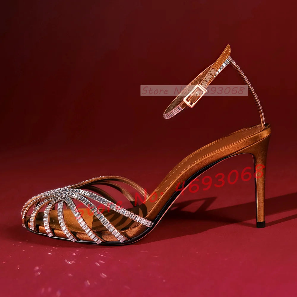 Chocolate Crystal Cross Sandals Women Cross Strap Summer Vacation Shoes Stiletto Heels Sexy Banquet Casual High Heels Sandals